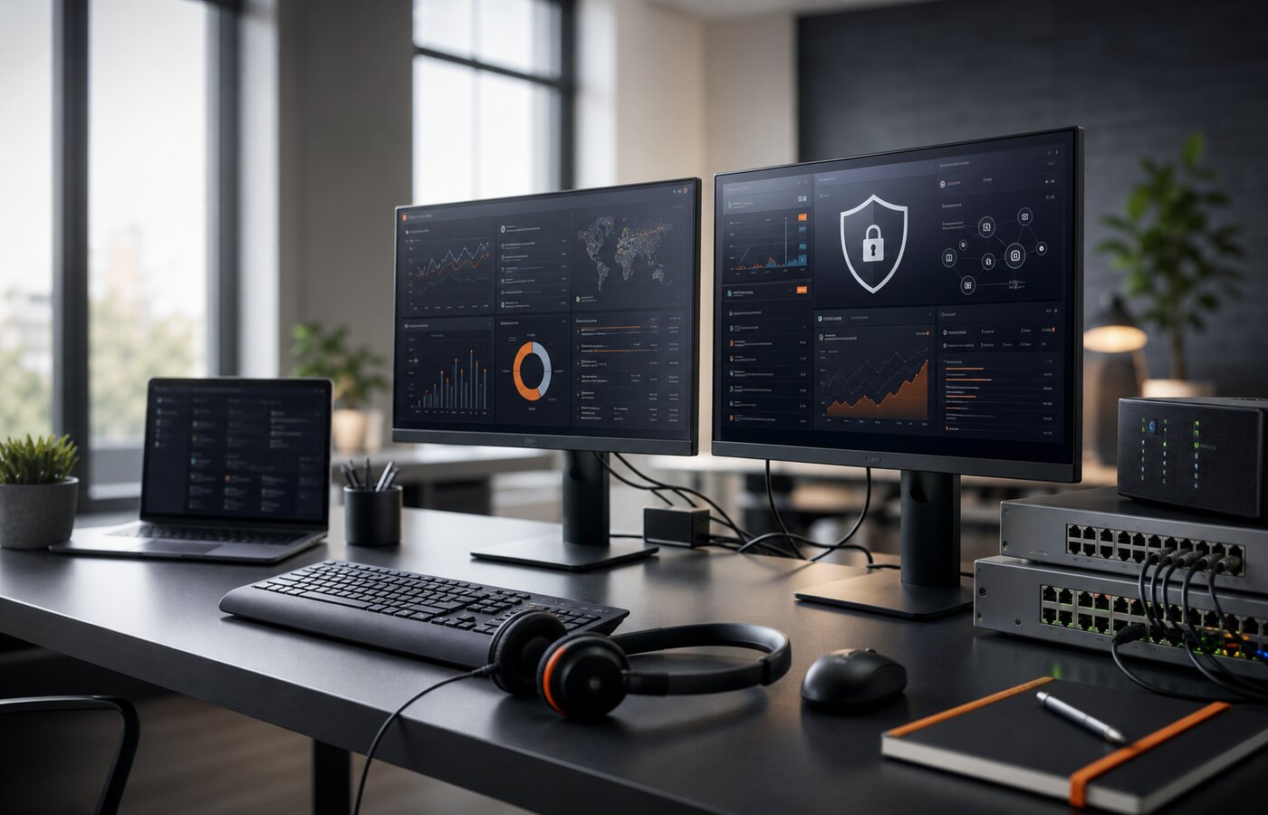 Stanowisko help desk z monitorami bezpieczeństwa, siecią i serwerem