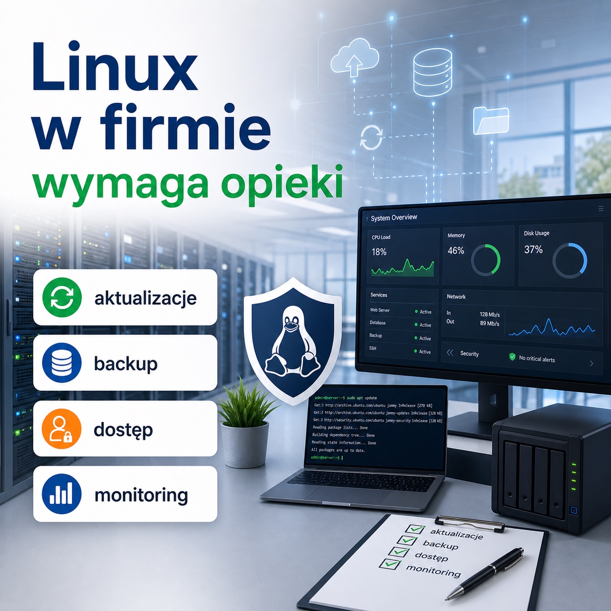 Serwer Linux w firmie z checklistą aktualizacji, backupu, dostępu i monitoringu