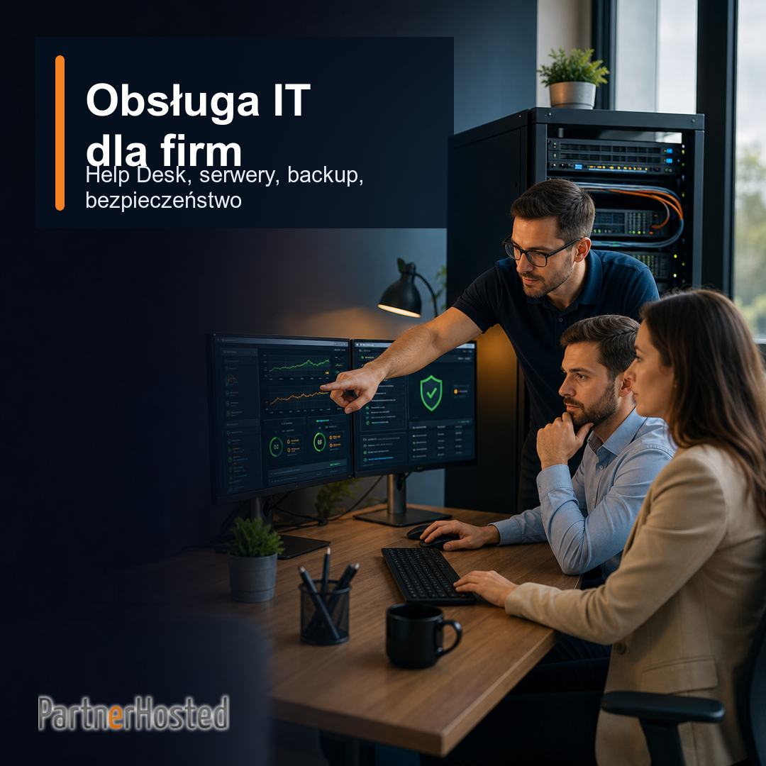 Kompleksowa obsługa IT firmy obejmująca Help Desk, serwery, usługi chmurowe, backup, bezpieczeństwo i monitoring.