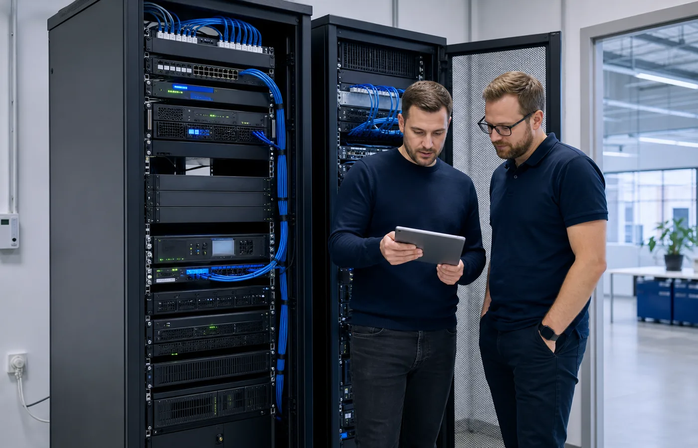 Administratorzy przeglądający serwery i urządzenia sieciowe firmy produkcyjnej