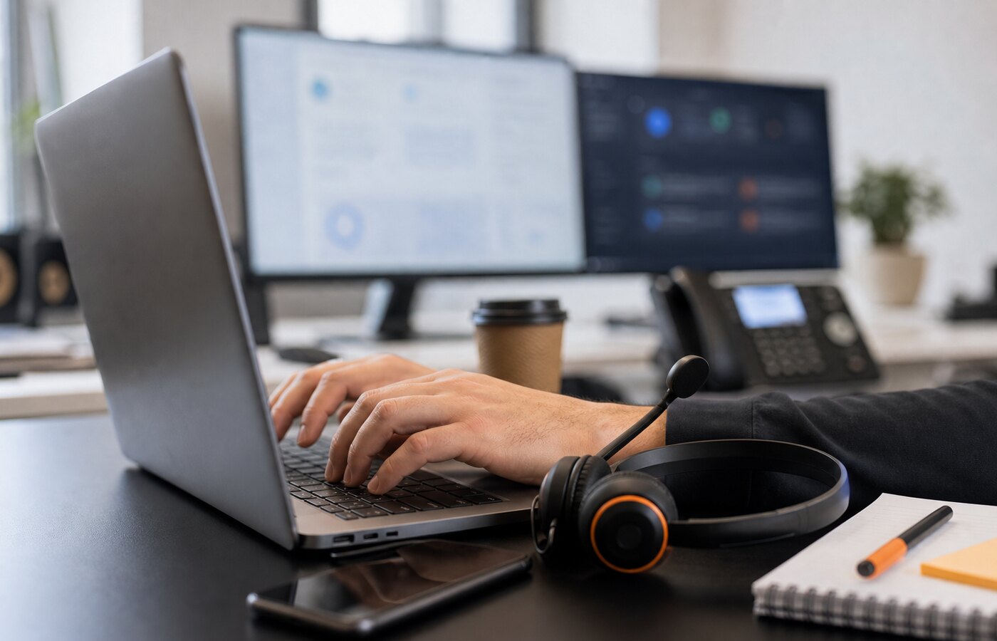 Stanowisko help desk z laptopem, zestawem słuchawkowym i monitorami